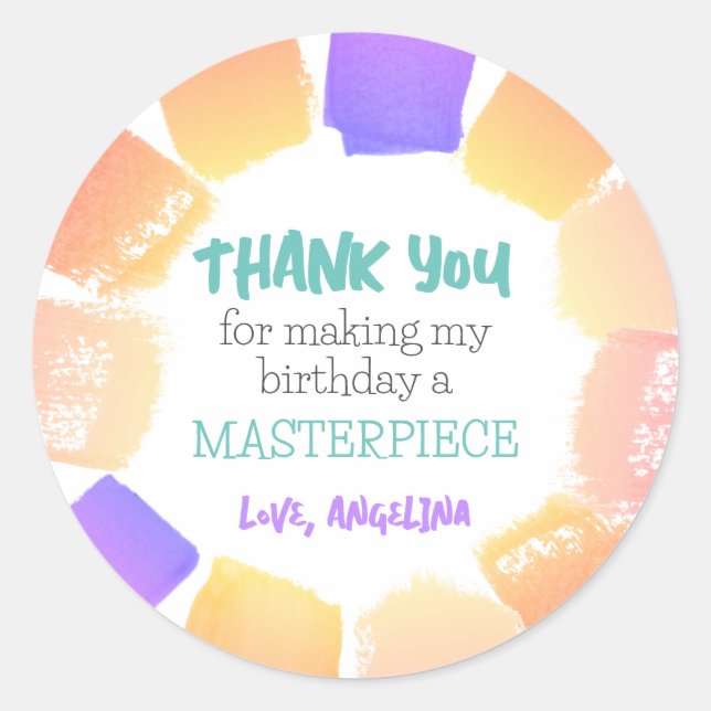 Rainbow Paint Birthday Party Favor Thank you Classic Round Sticker (Front)