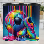 Rainbow Paint Drip Soccer Gear Thermal Tumbler<br><div class="desc">This vibrant image features a soccer ball and a pair of soccer cleats, both adorned with rainbow-colored paint drips. The soccer ball is predominantly blue with black panels, and colorful paint streaks flow down its surface and pool at the bottom. The cleats are a matching vibrant rainbow, with pink laces...</div>