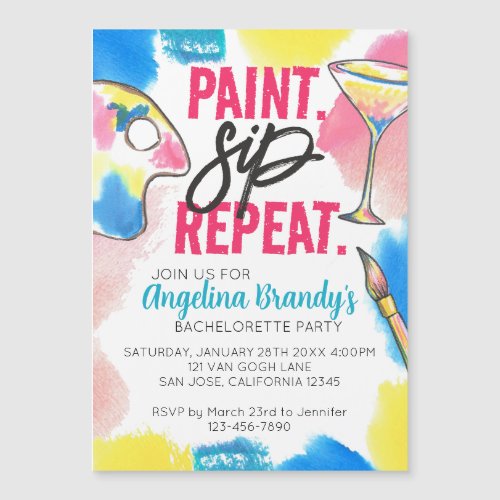 Rainbow Paint Sip Repeat Bachelorette Party Magnetic Invitation