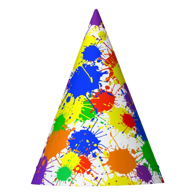 Rainbow Paint Splash Kids Birthday Paper Party Hat (Front)