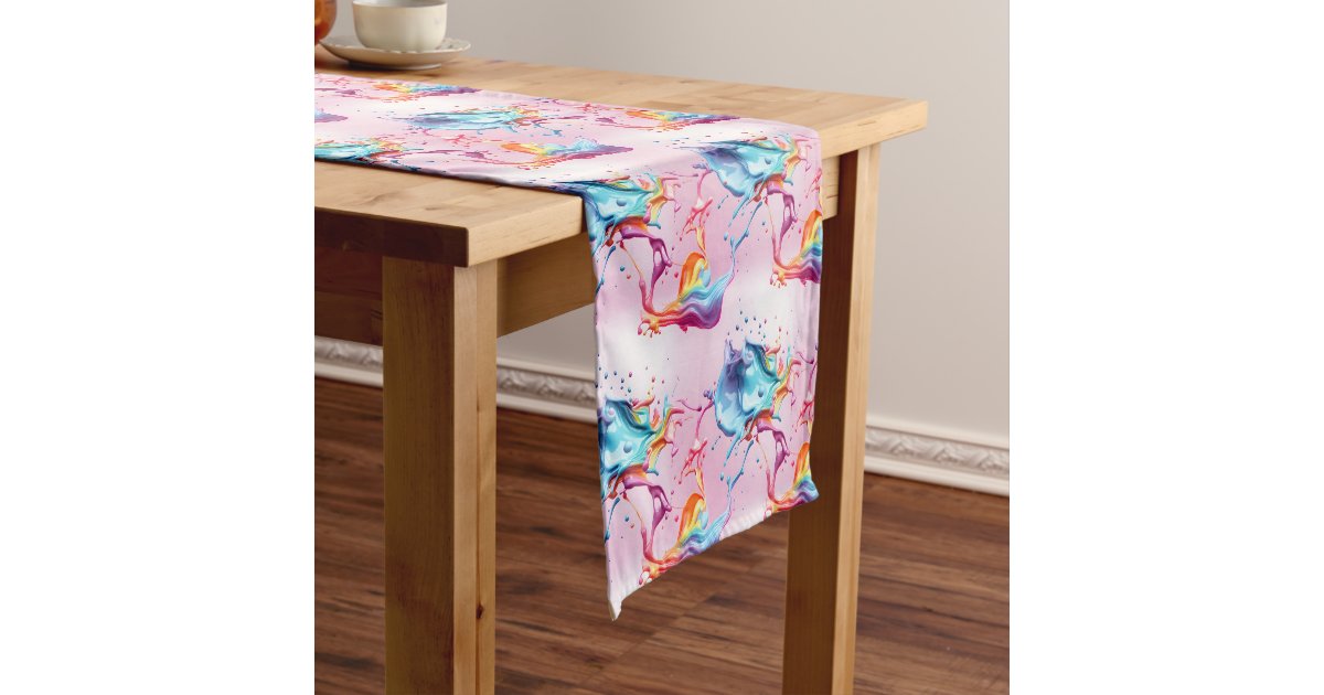 Rainbow Paint Splash Short Table Runner | Zazzle