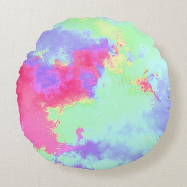 Rainbow Paint Splatter effect Pink Blue Green  Round Pillow (Front)