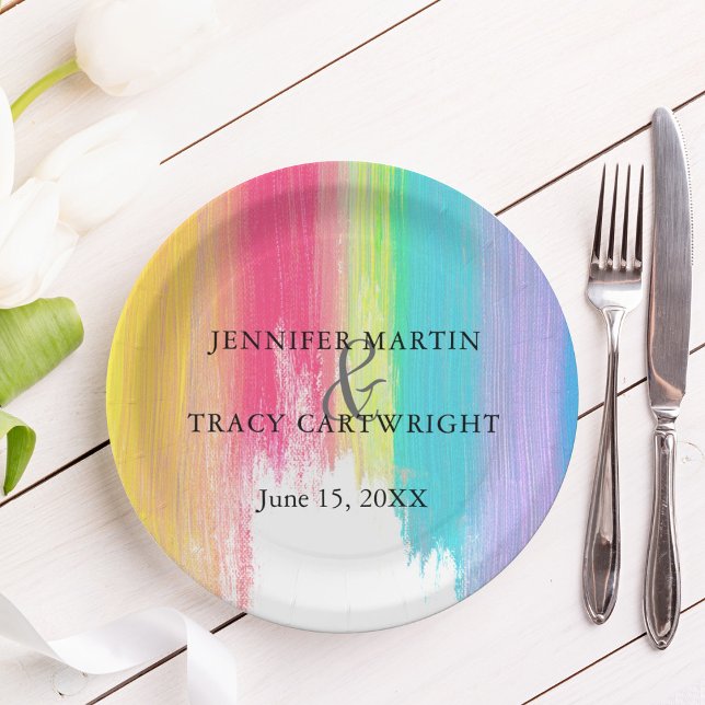 Rainbow Paint Strokes Gay Lesbian Artistic Wedding Paper Plates (Creator Uploaded)
