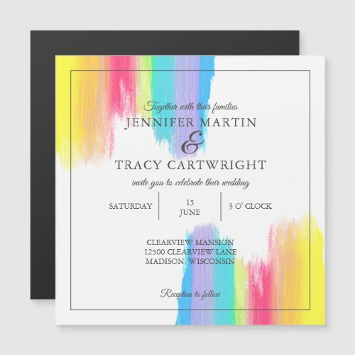Rainbow Paint Strokes Gay Lesbian Bright Wedding Magnetic Invitation