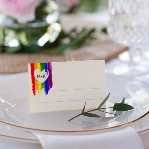 Rainbow Paint Strokes Heart Initials Gay Wedding