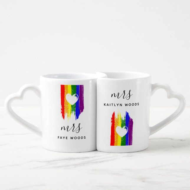 Rainbow Paint Strokes Heart Mrs Mrs Coffee Mug Set (Front Nesting)