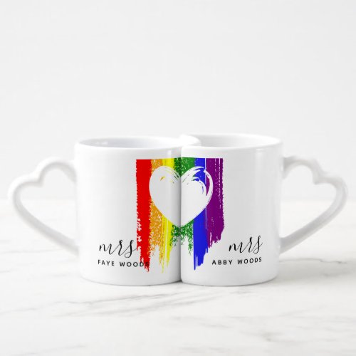 Rainbow Paint Strokes Heart Mrs  Mrs Coffee Mug Set