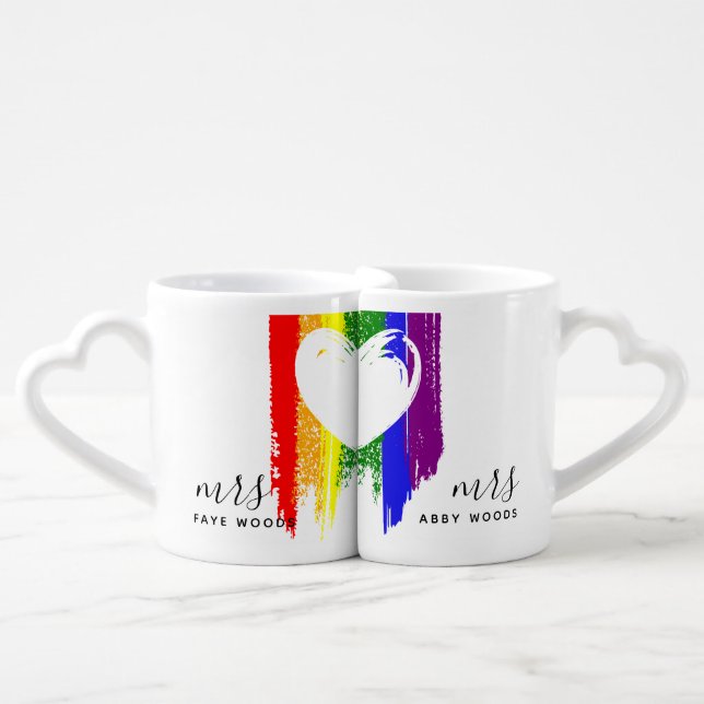 Rainbow Paint Strokes Heart Mrs & Mrs Coffee Mug Set (Front Nesting)