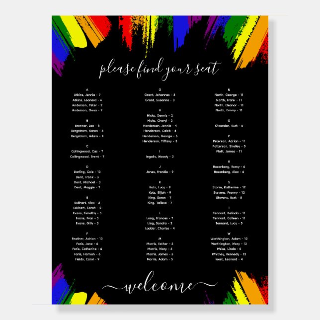 Rainbow Paint Strokes LGBT Wedding Seating Chart F Foam Board (Front)