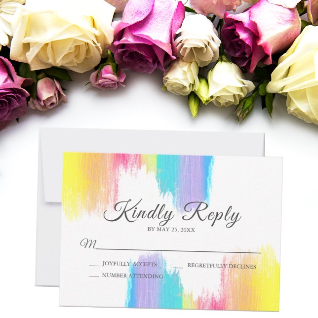 Rainbow Paint Strokes LGBTQ Wedding Kindly Reply RSVP Card (Creator Uploaded)