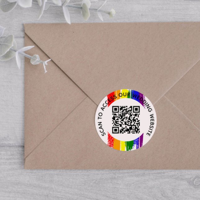 Rainbow Paint Strokes Wedding Website QR Code Classic Round Sticker (Creator Uploaded)