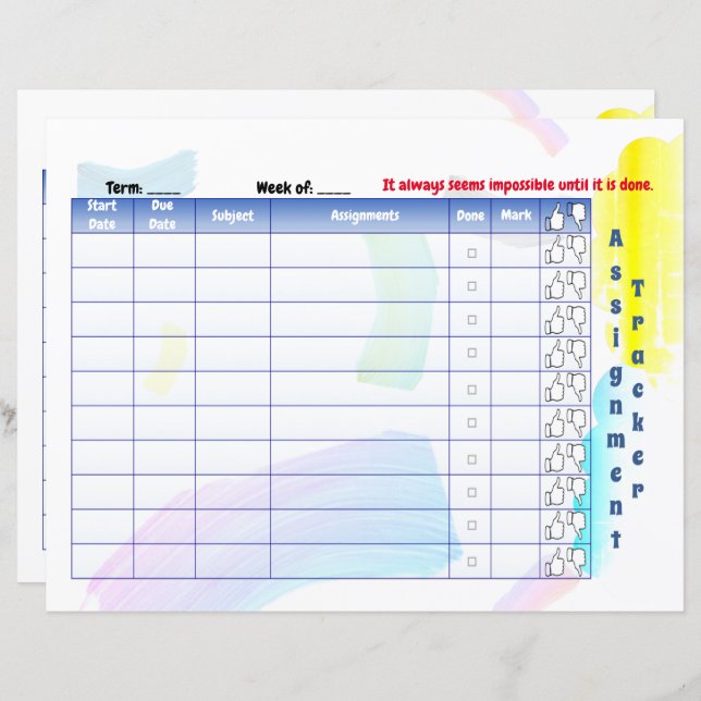 Rainbow Paint Student Assignment tracker (Front/Back)