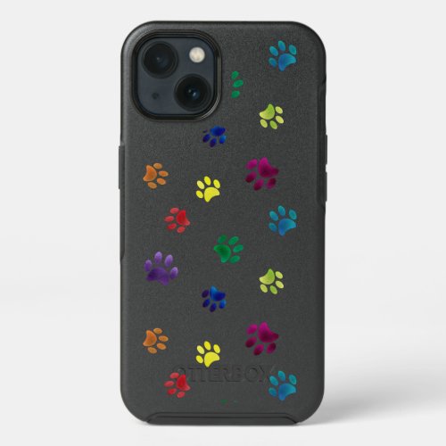 Rainbow Painted Foil Paw Prints on Black iPhone 13 Case