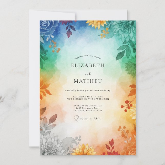 Rainbow Painted Foliage Wedding Invitation (Front)