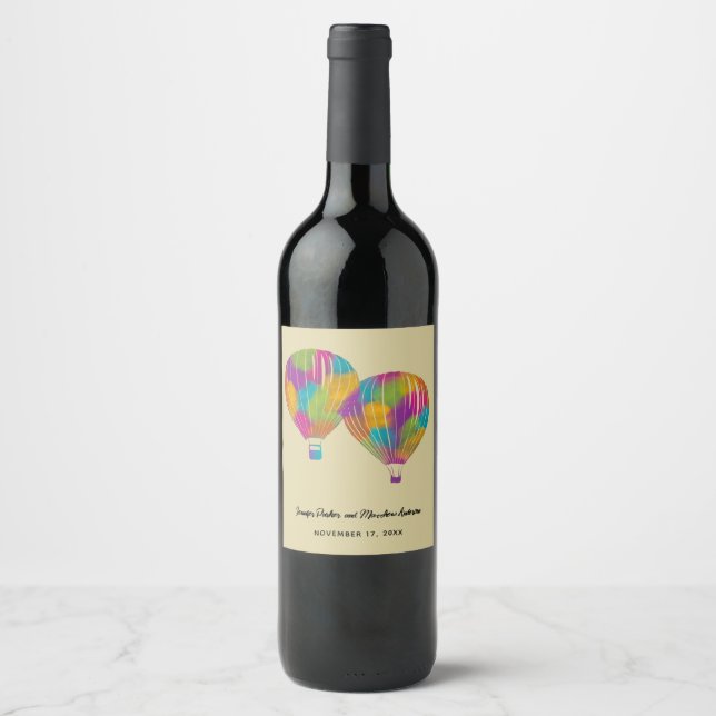 Rainbow Painted Hot Air Balloons Custom Wedding Wine Label (Front)
