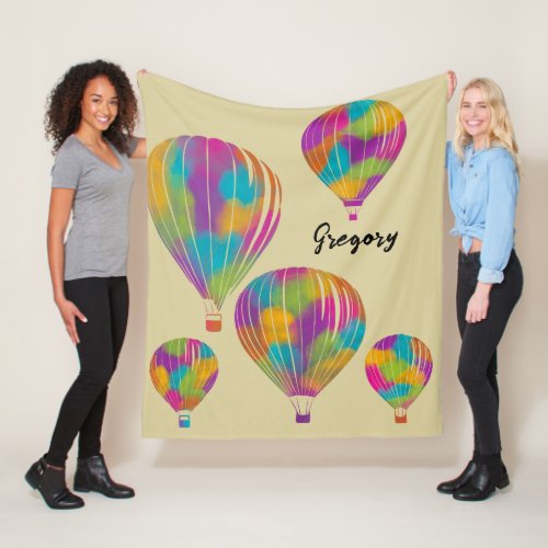 Rainbow Painted Hot Air Balloons Personalized Fleece Blanket
