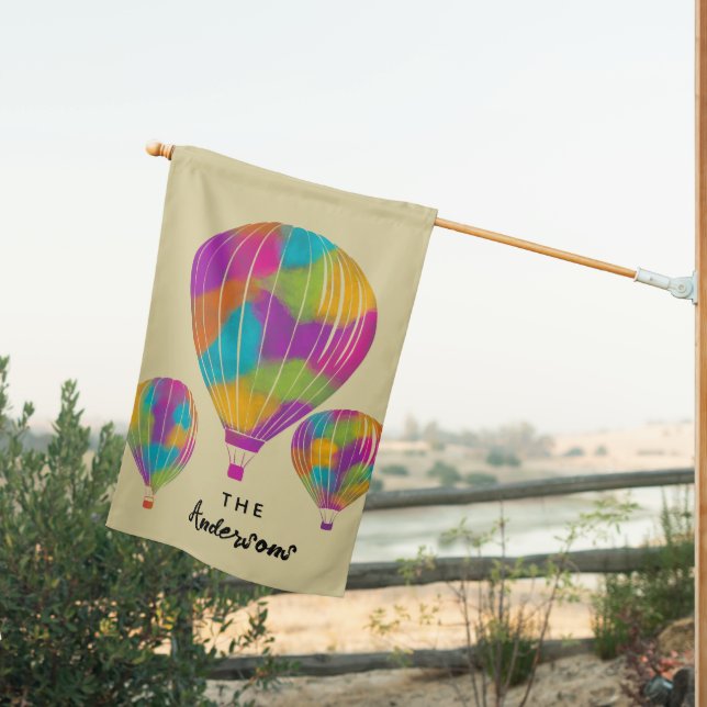 Rainbow Painted Hot Air Balloons Personalized House Flag (Insitu (Back))