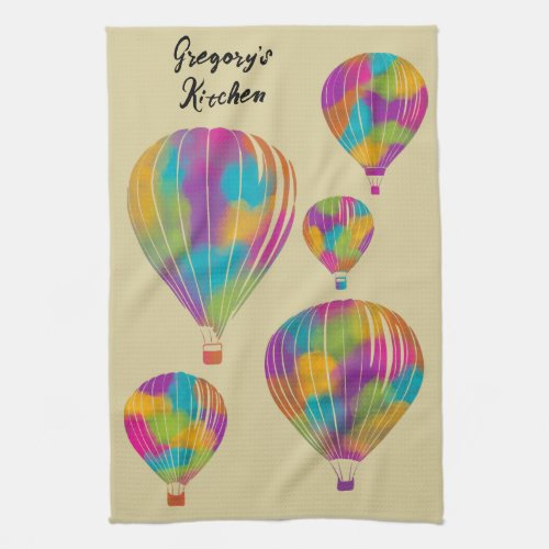 Rainbow Painted Hot Air Balloons Personalized Kitchen Towel