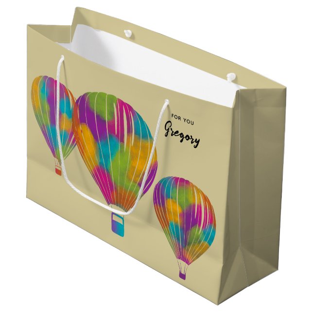 Rainbow Painted Hot Air Balloons Personalized Large Gift Bag (Front Angled)