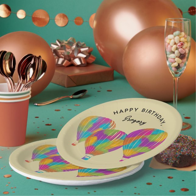Rainbow Painted Hot Air Balloons Personalized Paper Plates (Multi)
