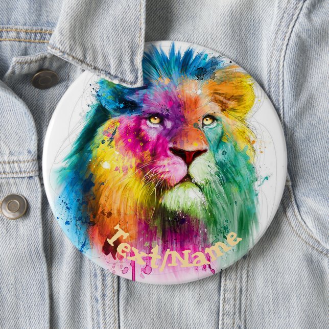 Rainbow Painted Lion Design Pinback Button (In Situ)