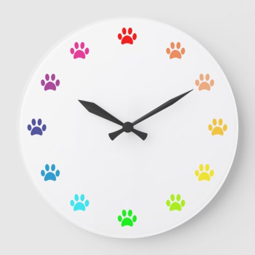 Rainbow Painted Paw Prints as Numbers Large Clock