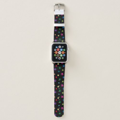 Rainbow Painted Paw Prints on Black Apple Watch Band