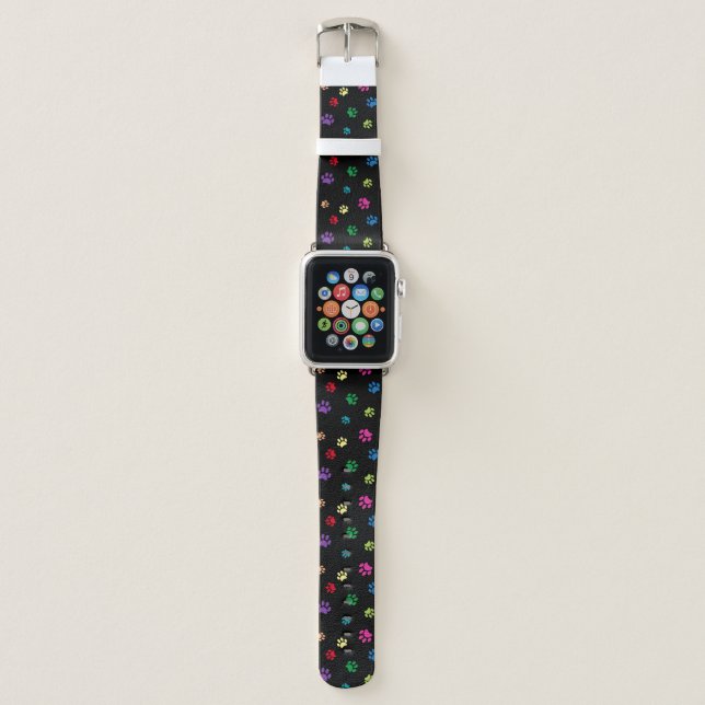 Rainbow Painted Paw Prints on Black Apple Watch Band (Front)