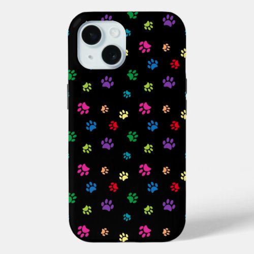 Rainbow Painted Paw Prints on Black iPhone 15 Case