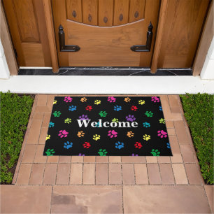 Rainbow Painted Paw Prints on Black Doormat