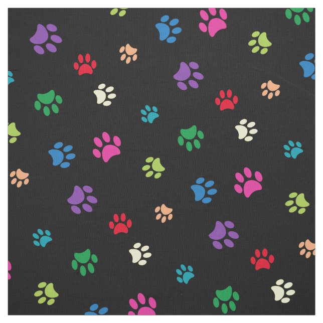 Rainbow Painted Paw Prints on Black Fabric (Swatch)