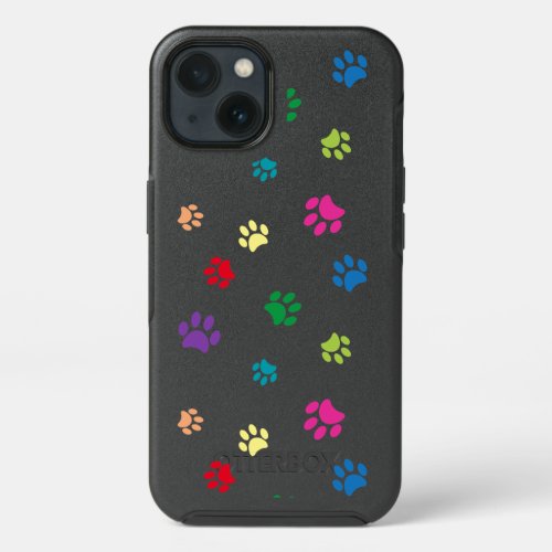 Rainbow Painted Paw Prints on Black iPhone 13 Case