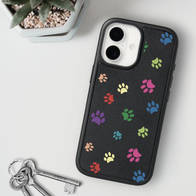 Rainbow Painted Paw Prints on Black Otterbox iPhone Case (Rainbow Painted Paw Prints on Black Otterbox iPhone 17 Case)