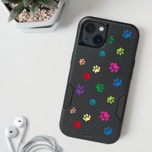 Rainbow Painted Paw Prints on Black OtterBox iPhone 14 Case