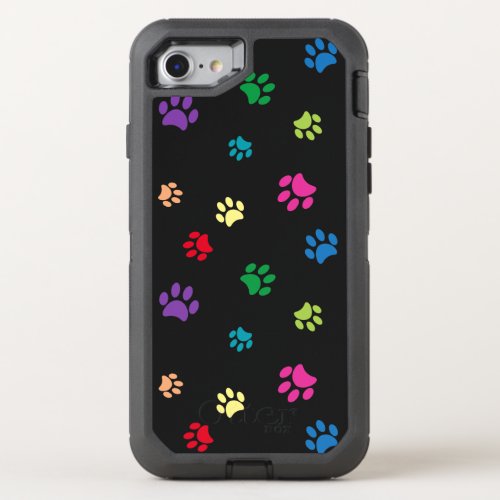 Rainbow Painted Paw Prints on Black OtterBox Defender iPhone SE87 Case