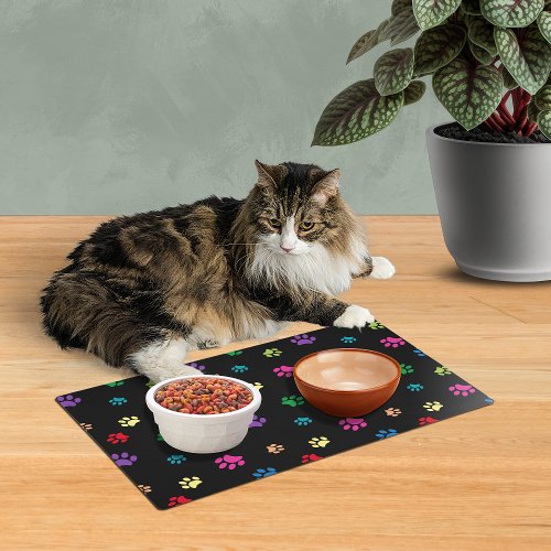 Rainbow Painted Paw Prints on Black Placemat