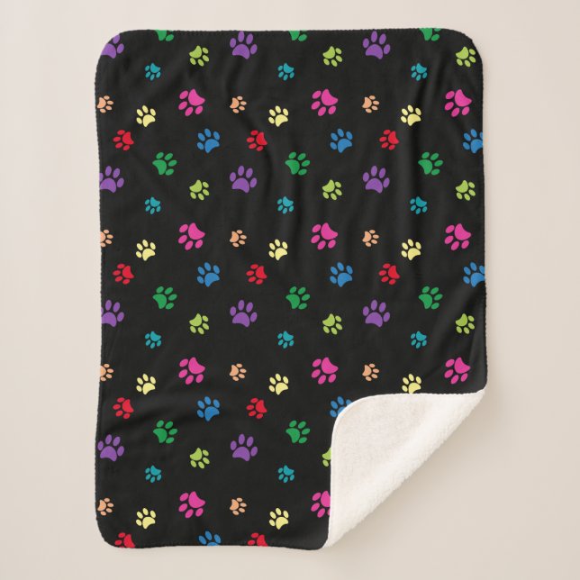 Rainbow Painted Paw Prints on Black Sherpa Blanket (Front)