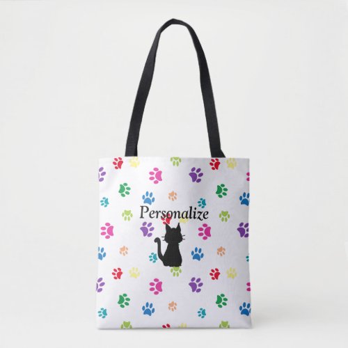 Rainbow Painted Paw Prints Personalized Tote Bag