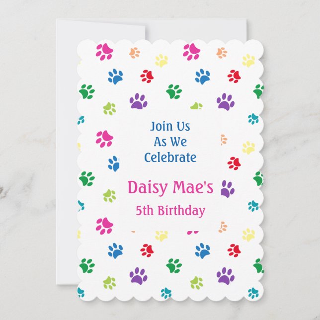 Rainbow Painted Paw Prints Pet Birthday Invitation (Front)