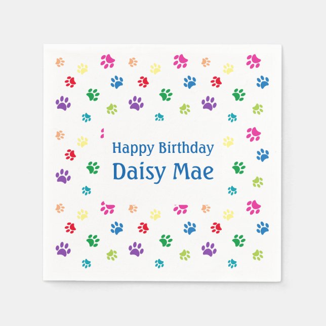 Rainbow Painted Paw Prints Pet Birthday Napkins (Front)