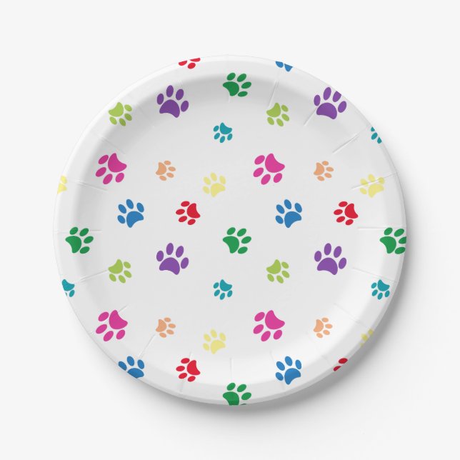 Rainbow Painted Paw Prints Pet Party Paper Plates (Front)