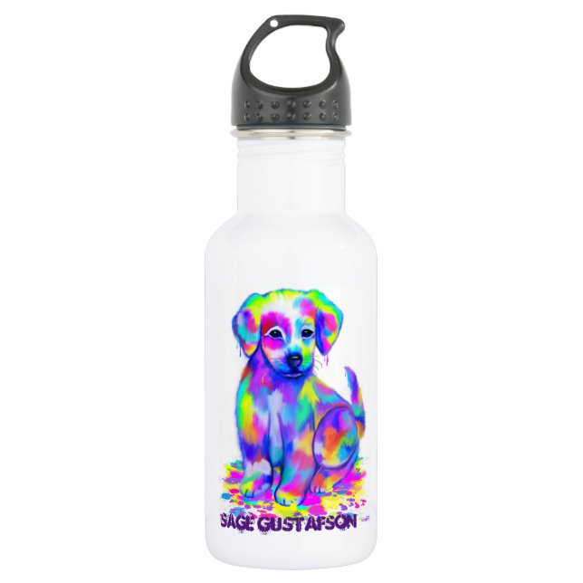 Rainbow Painted Puppy Water Bottle (Front)