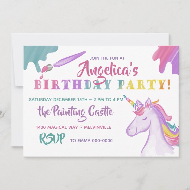 Rainbow Painting and Unicorn Invitation (Front)