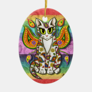Rainbow Paisley Fairy Cat Fantasy Art Ornament