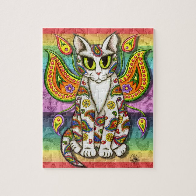 Rainbow Paisley Fairy Cat Fantasy Art Puzzle (Vertical)