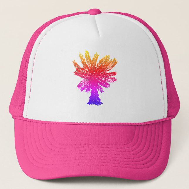 Rainbow Palm Tree Colorful Tropical Summer Pink Trucker Hat (Front)