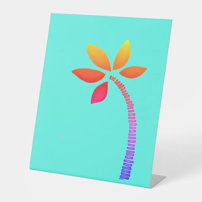 Rainbow palm tree drawing with blue background pedestal sign (Front)