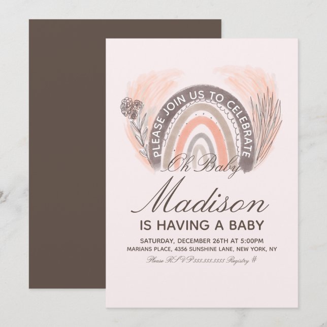 Rainbow Pampas Doodle Bohemian Baby Shower Invitation (Front/Back)
