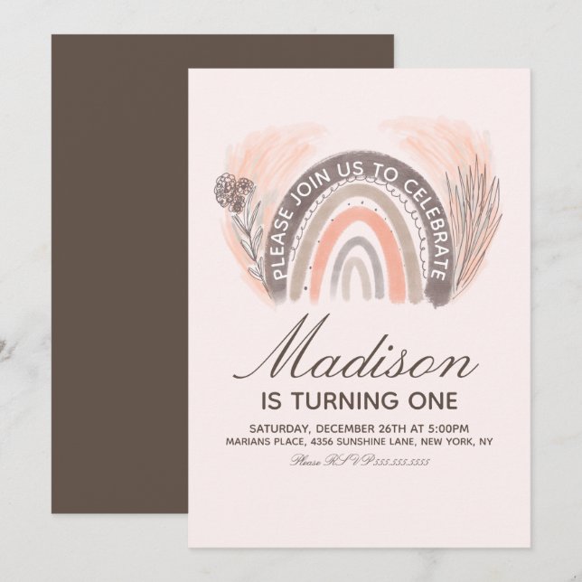 Rainbow Pampas Doodle Hand-Drawn Bohemian Birthday Invitation (Front/Back)