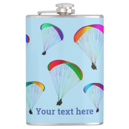 Rainbow paraliders on pale sky blue _ flying theme flask